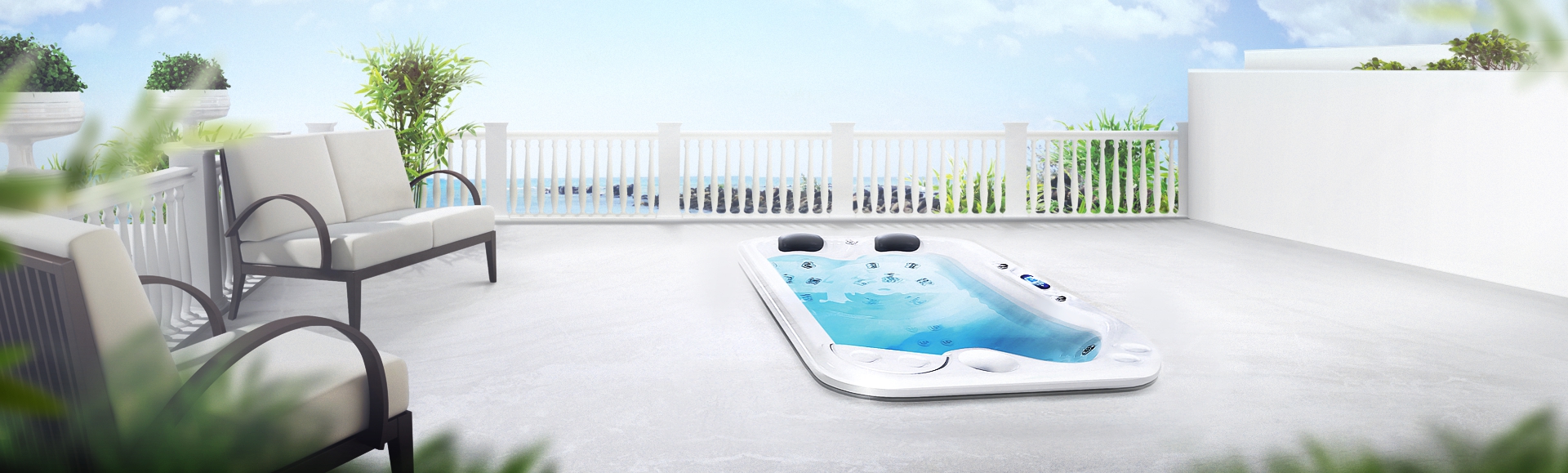 Whirlpool Lara Mini eingebettet in eine Terasse am Meer