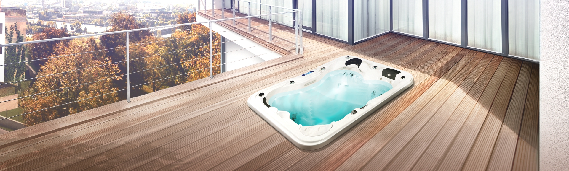 Whirlpool Puerla eingelassen in ein Holzdeck auf einem Penthouse Balkon