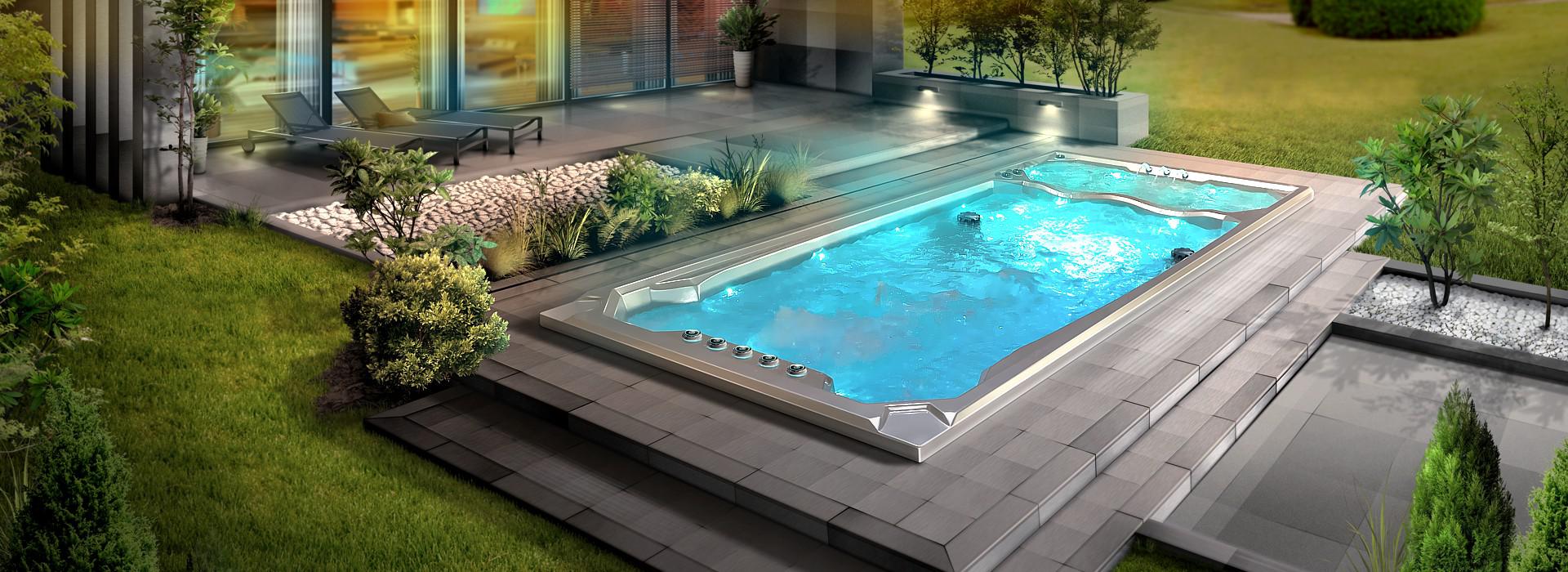 Swim Spa eingelassen in einer Terasse im Garten