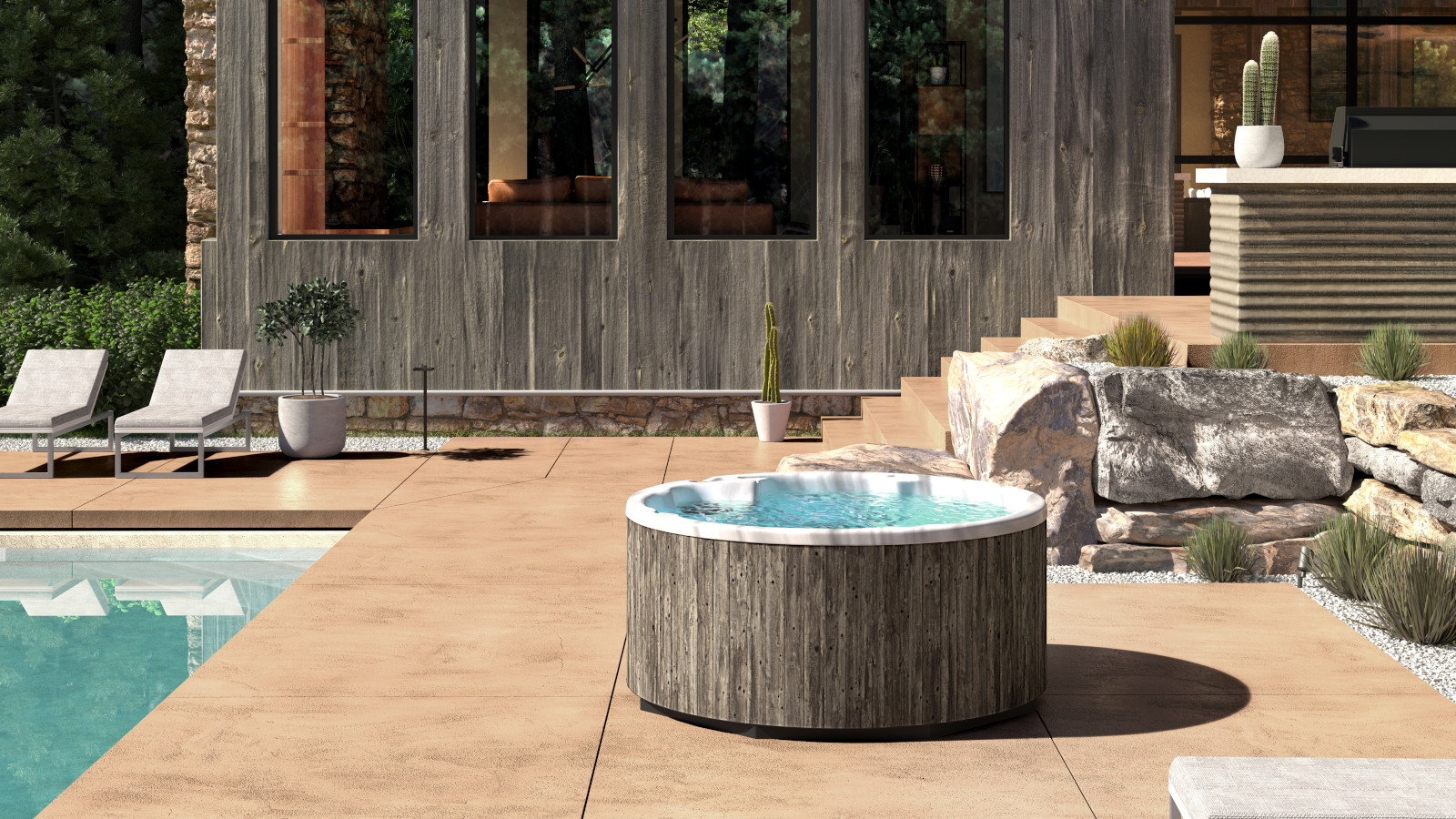 Runder Whirlpool auf einer Terrasse am Swimmingpool