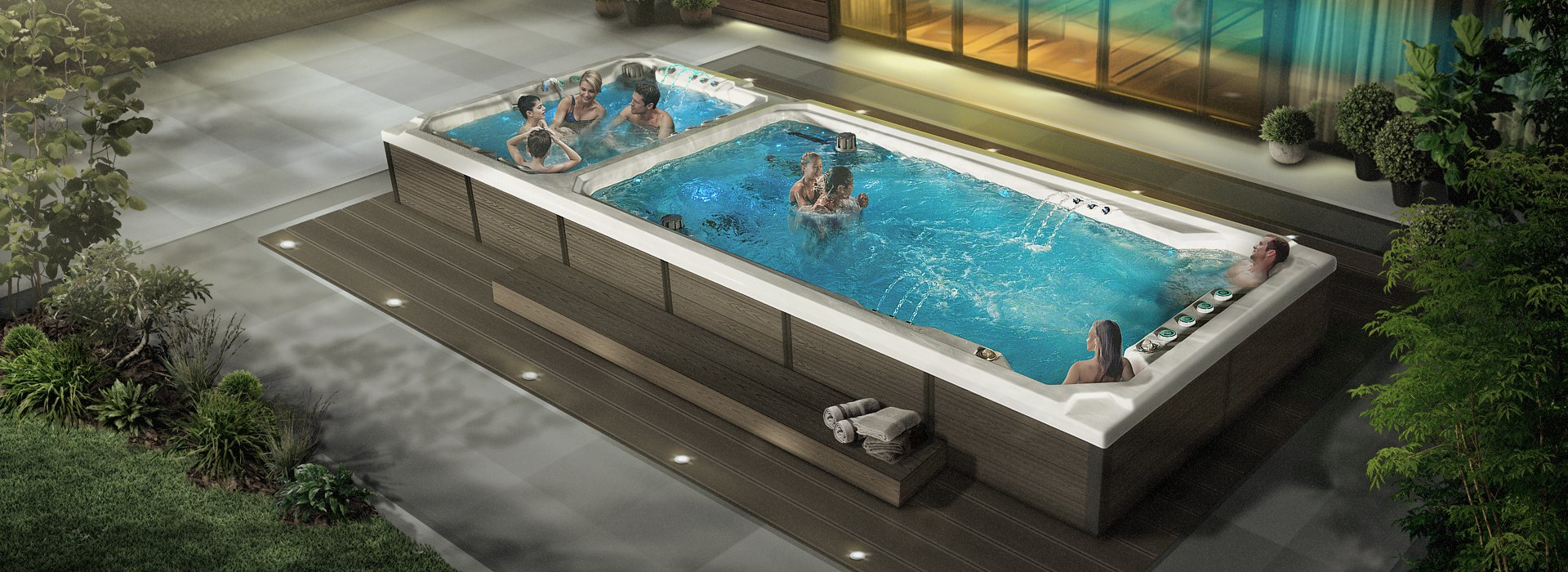 Schwimmspa auf einer Terasse mit Menschen
