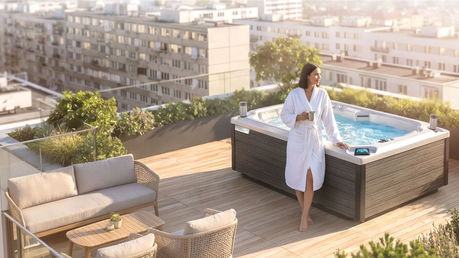 Lara Smart Outdoor Whirlpool für 2 Personen auf modernem Balkon.