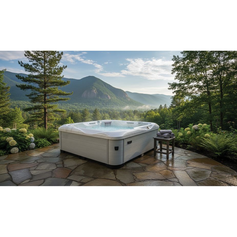 Gefüllter Aussenwhirlpool auf einer Terasse mit Ausblick